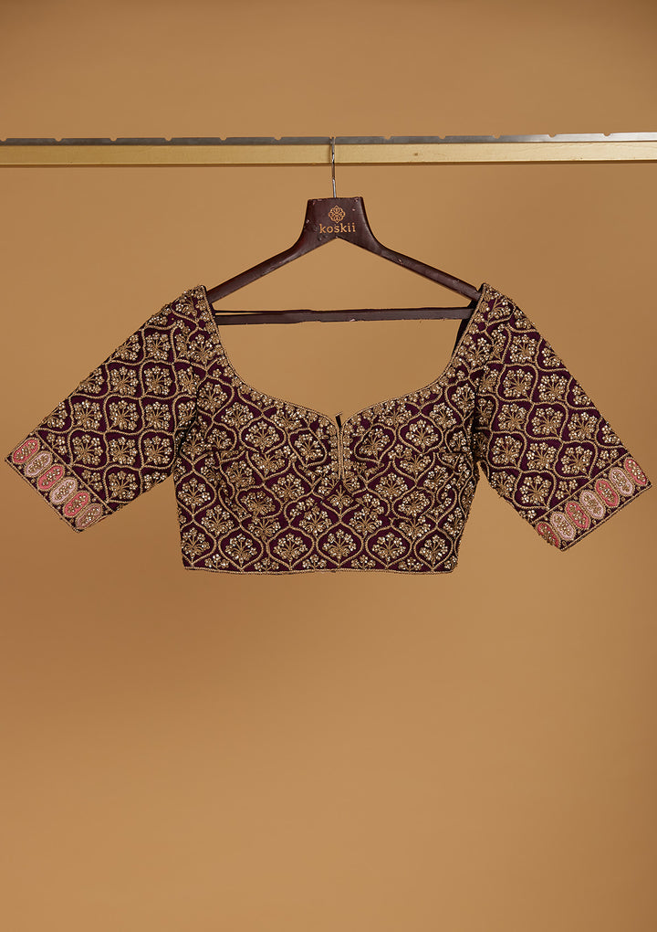Wine Stonework Raw Silk Designer Readymade Lehenga - Koskii