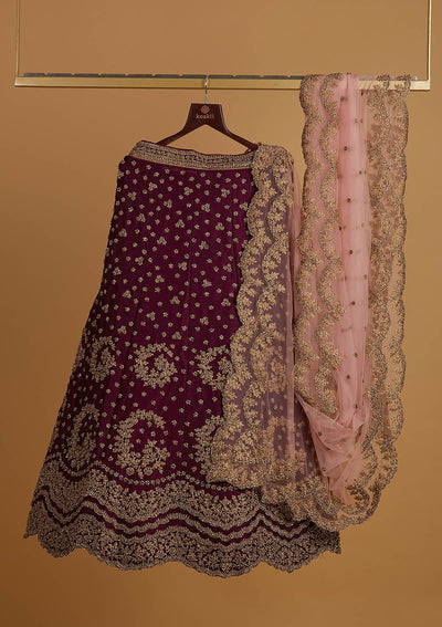 Wine Stonework Raw Silk Designer Semi-Stitched Lehenga - koskii