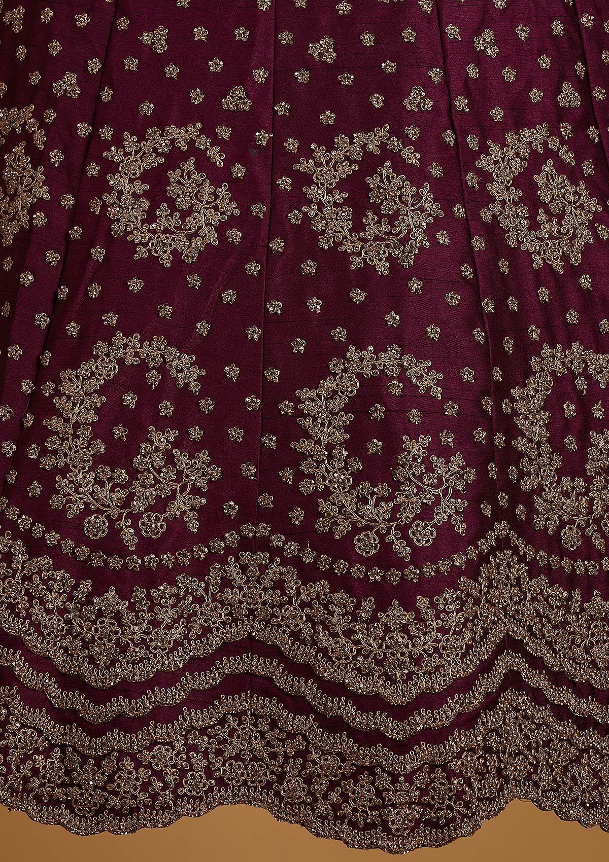 Wine Stonework Raw Silk Designer Semi-Stitched Lehenga - koskii