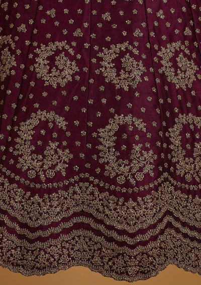 Wine Stonework Raw Silk Designer Semi-Stitched Lehenga - koskii