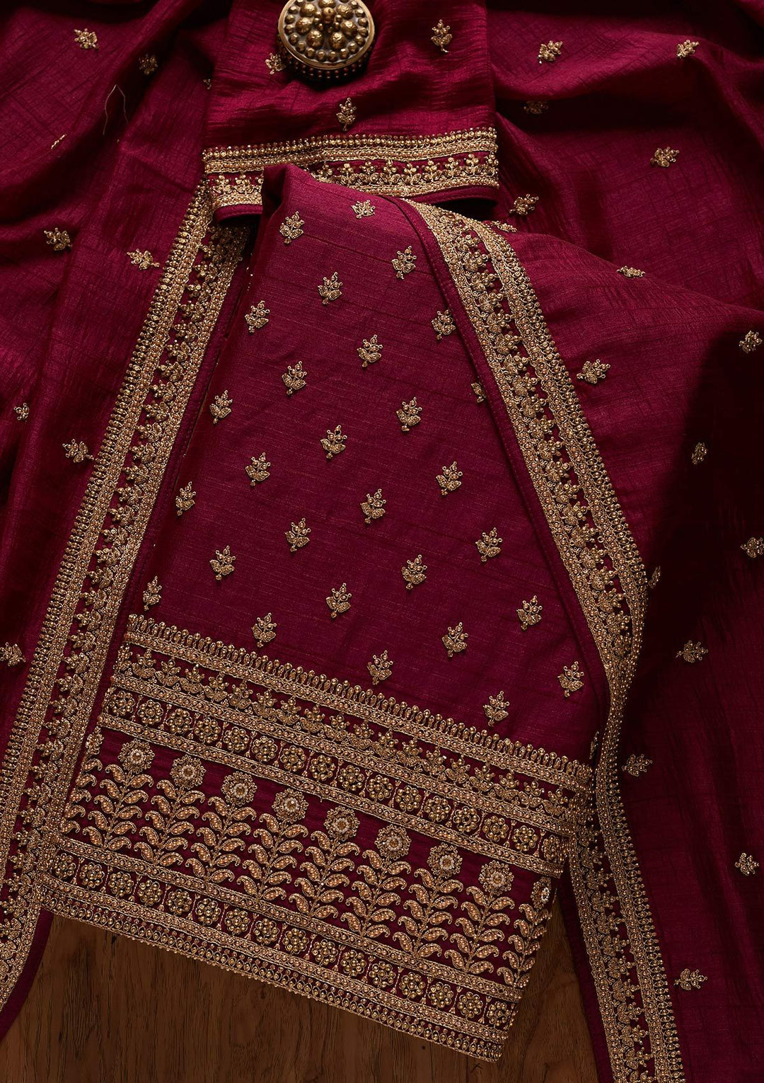 Wine Stonework Raw Silk Designer Unstitched Salwar Suit - koskii