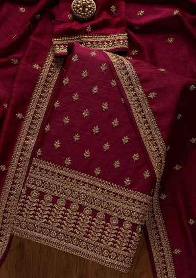 Wine Stonework Raw Silk Designer Unstitched Salwar Suit - koskii