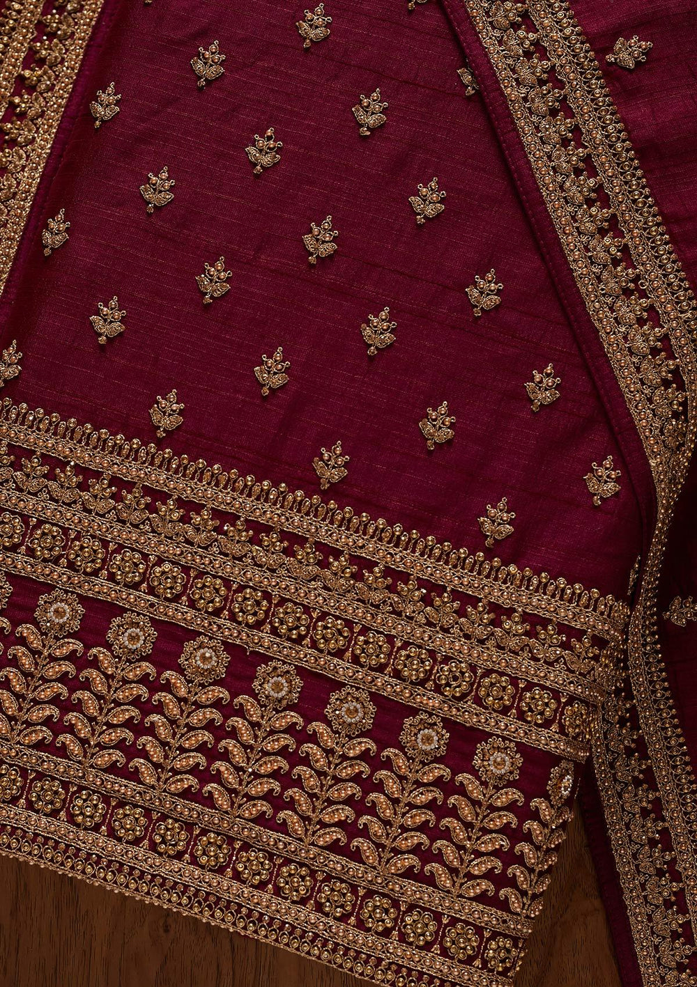 Wine Stonework Raw Silk Designer Unstitched Salwar Suit - koskii