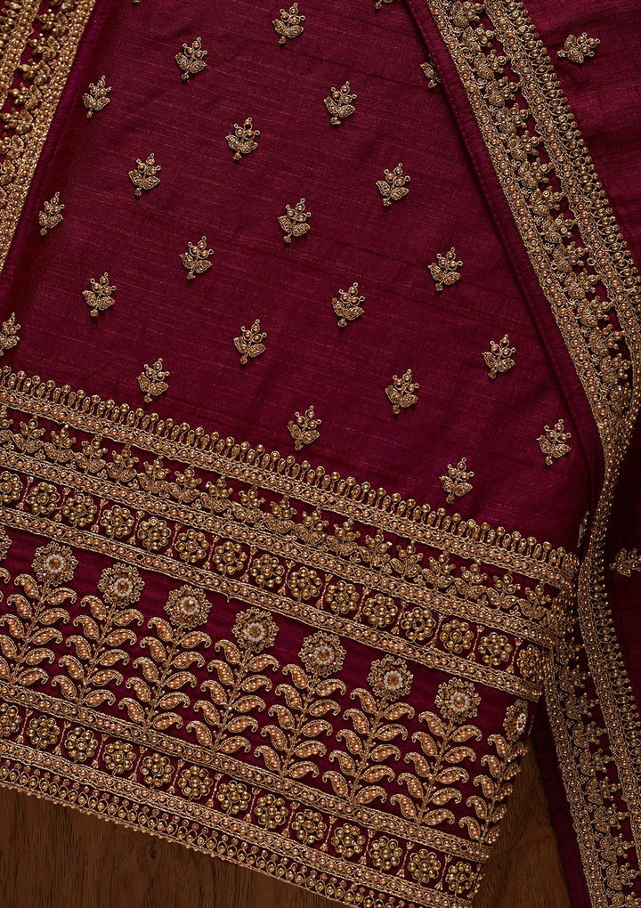Wine Stonework Raw Silk Designer Unstitched Salwar Suit - koskii