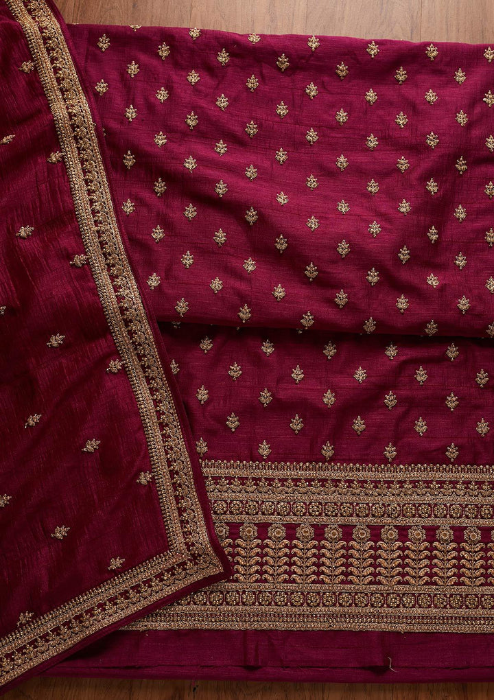 Wine Stonework Raw Silk Designer Unstitched Salwar Suit - koskii