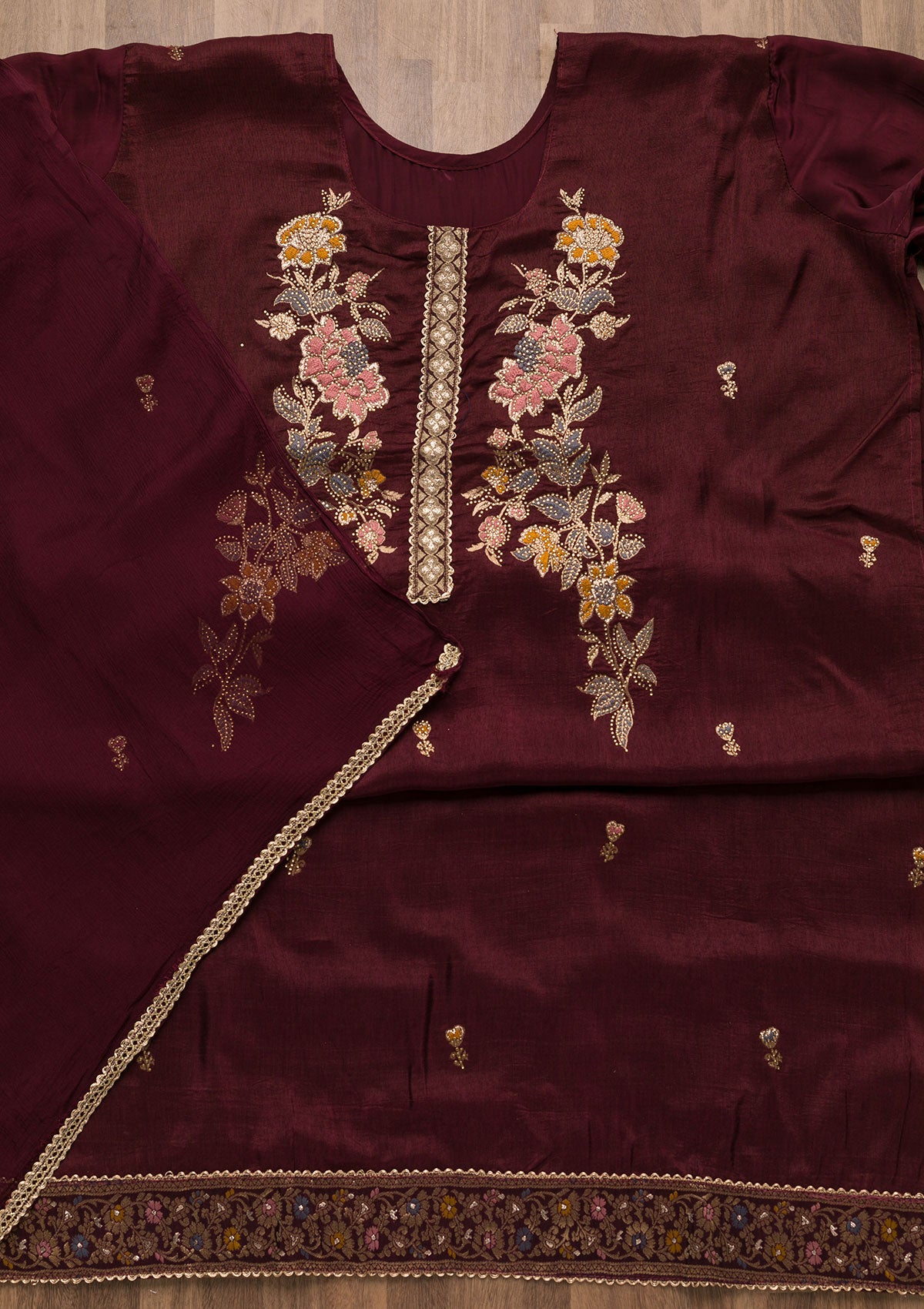 Wine Stonework Raw Silk Unstitched Salwar Suit-Koskii
