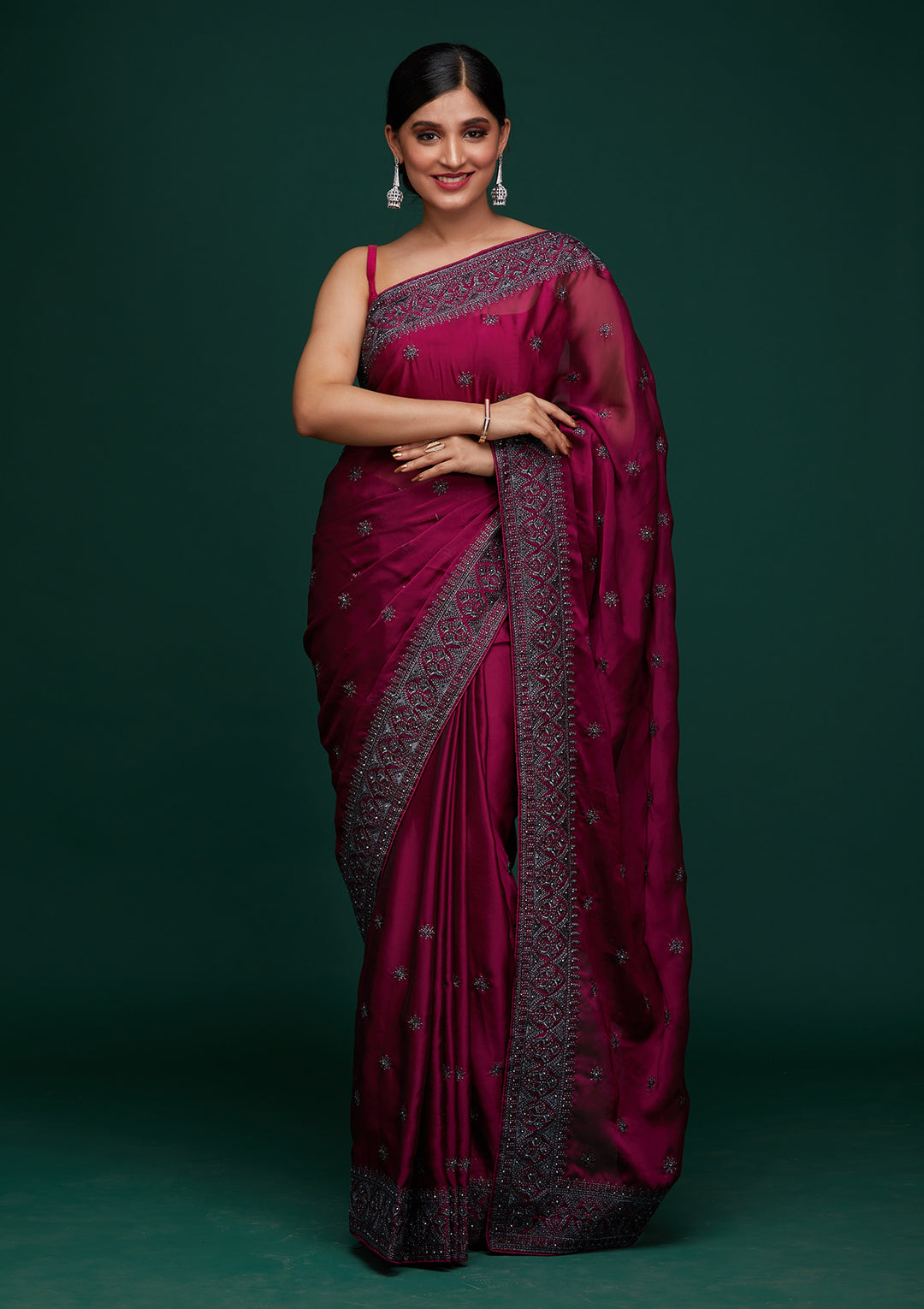 Wine Swarovski Satin Designer Saree-Koskii