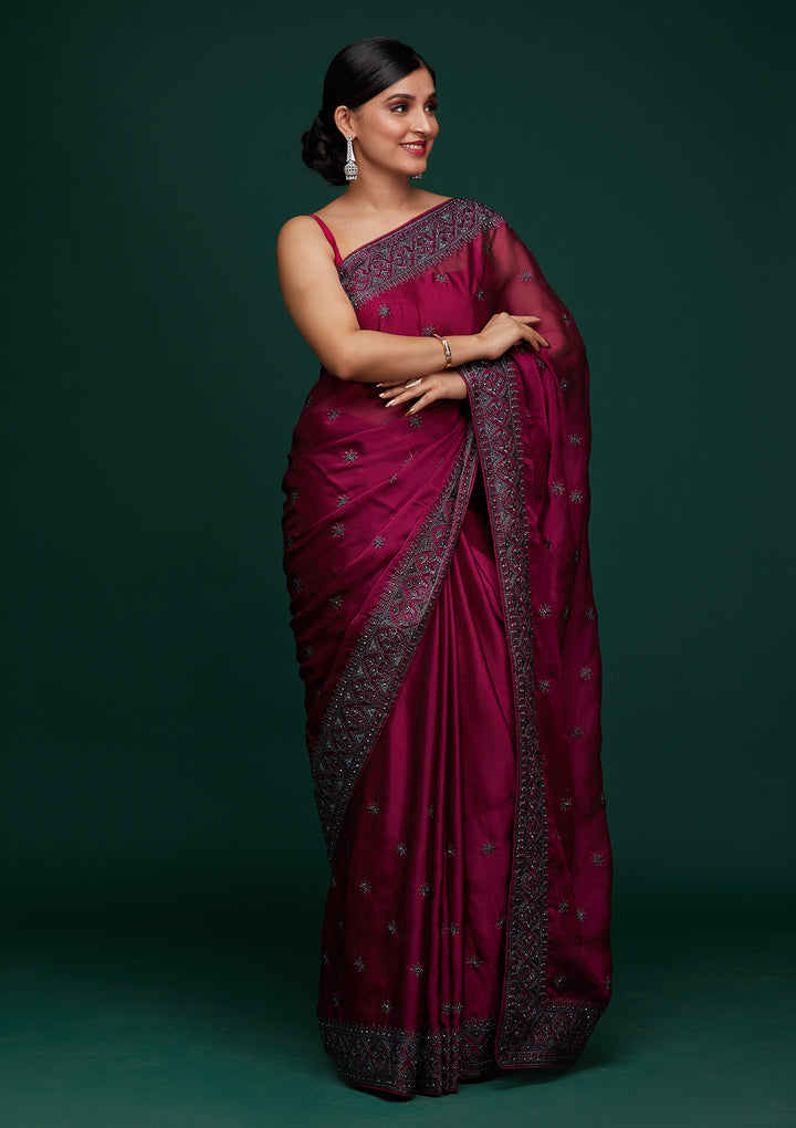 Wine Swarovski Satin Designer Saree-Koskii