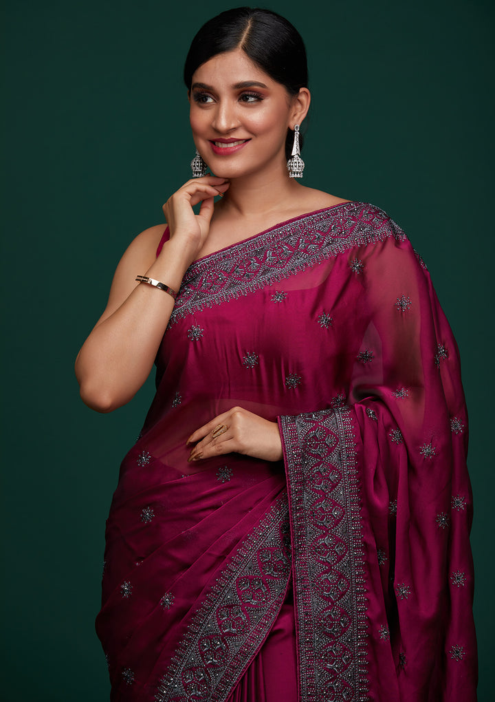 Wine Swarovski Satin Designer Saree-Koskii