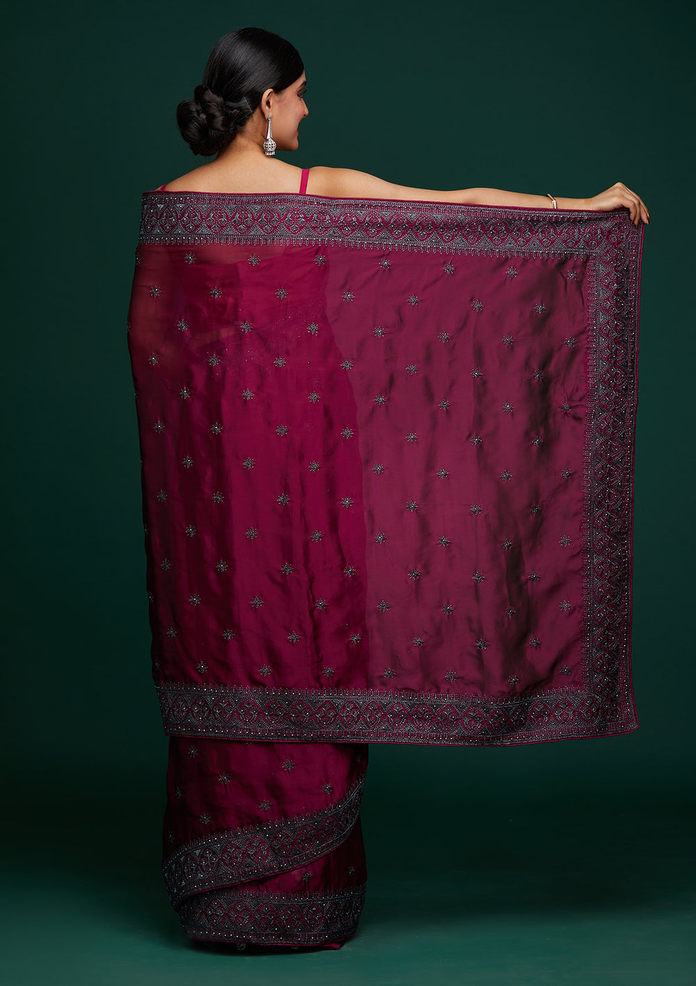 Wine Swarovski Satin Designer Saree-Koskii