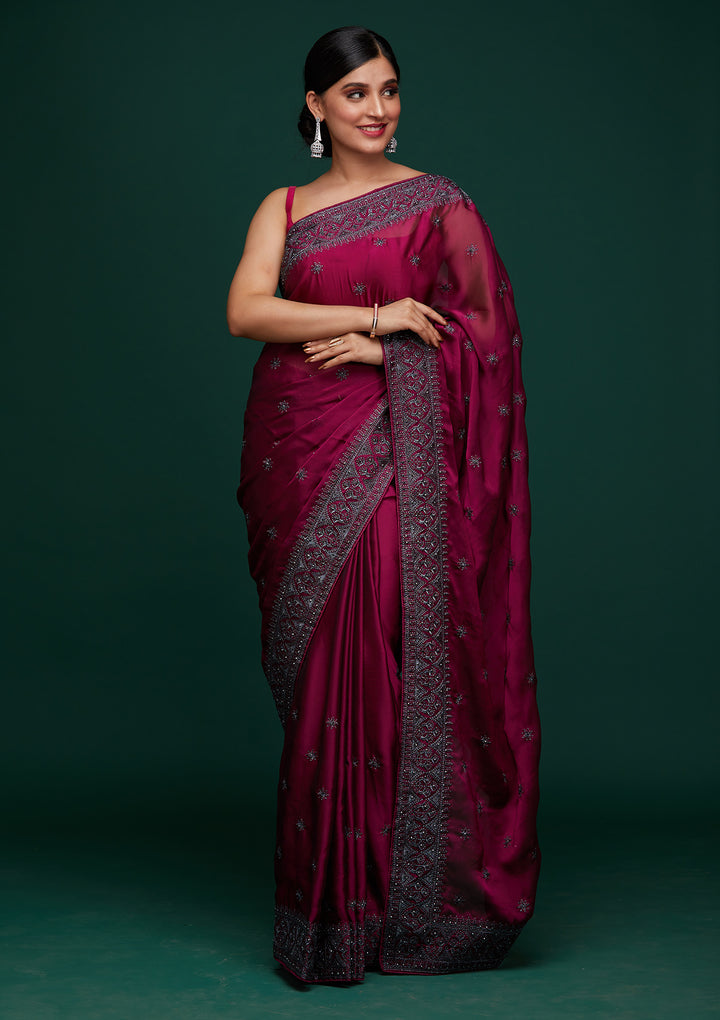 Wine Swarovski Satin Designer Saree-Koskii