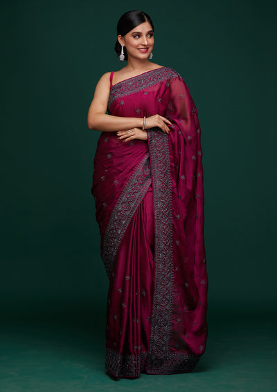 Wine Swarovski Satin Designer Saree-Koskii