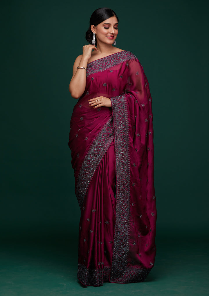 Wine Swarovski Satin Designer Saree-Koskii