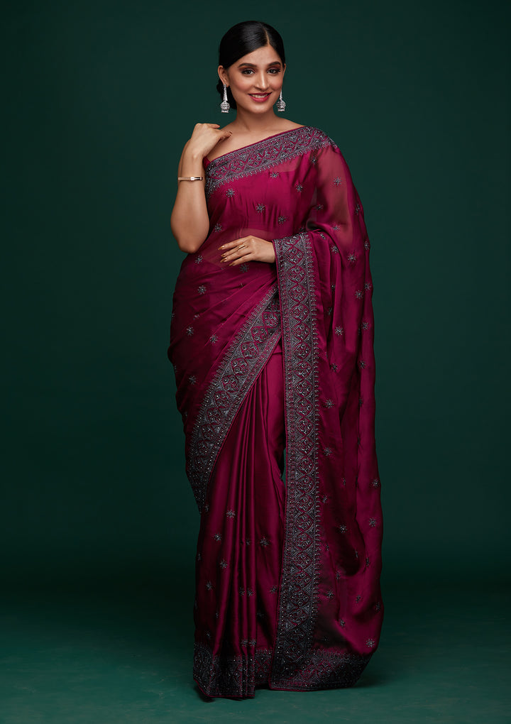 Wine Swarovski Satin Designer Saree-Koskii