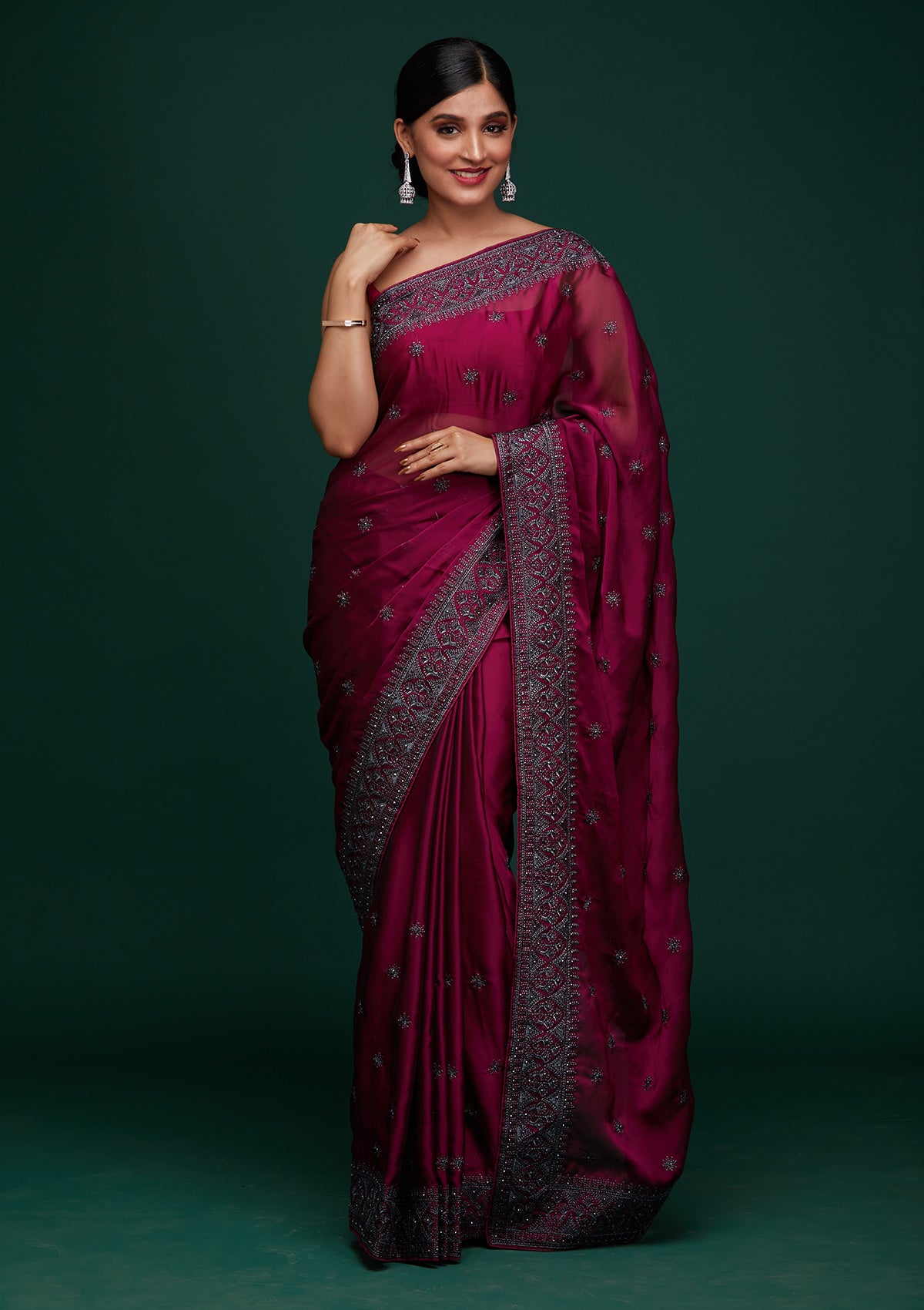 Wine Swarovski Satin Designer Saree-Koskii