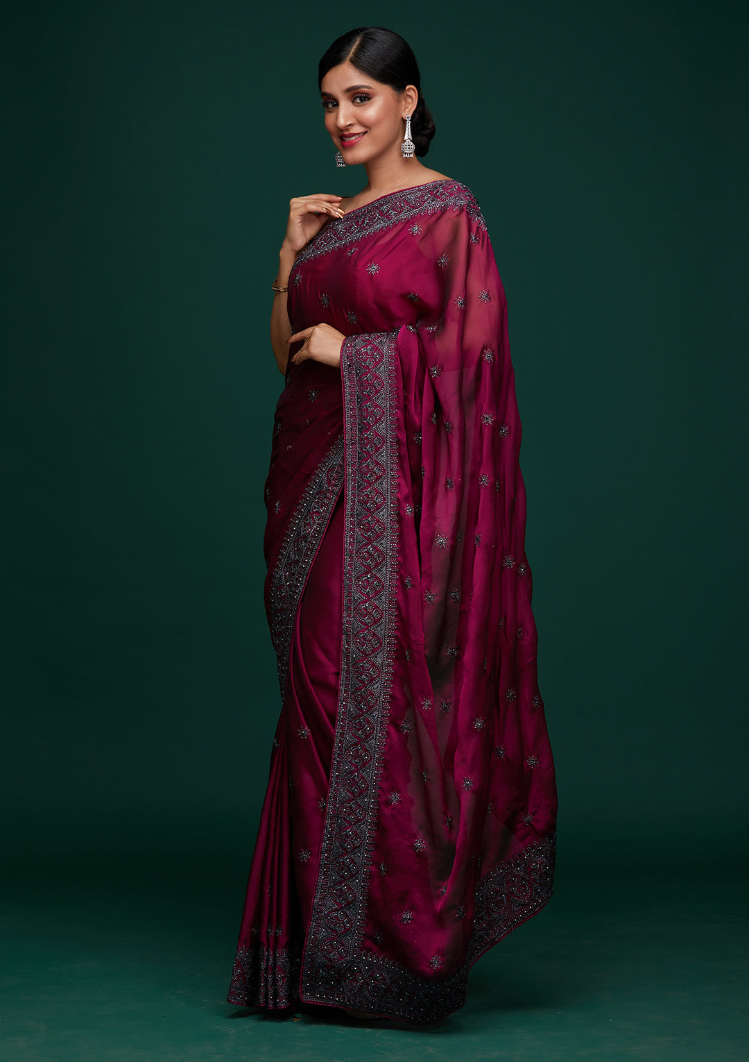 Wine Swarovski Satin Designer Saree-Koskii