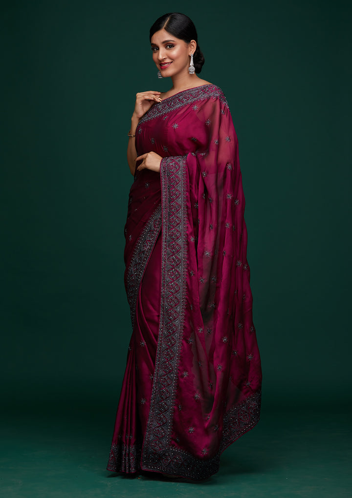 Wine Swarovski Satin Designer Saree-Koskii