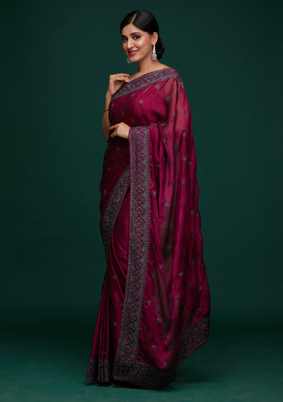 Wine Swarovski Satin Designer Saree-Koskii