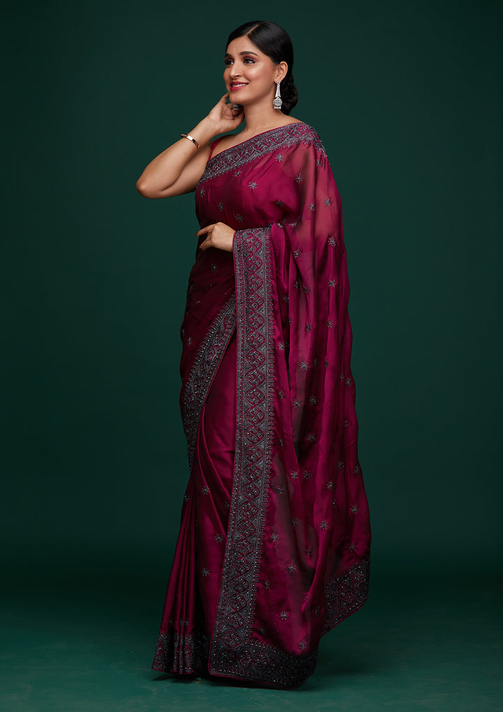 Wine Swarovski Satin Designer Saree-Koskii