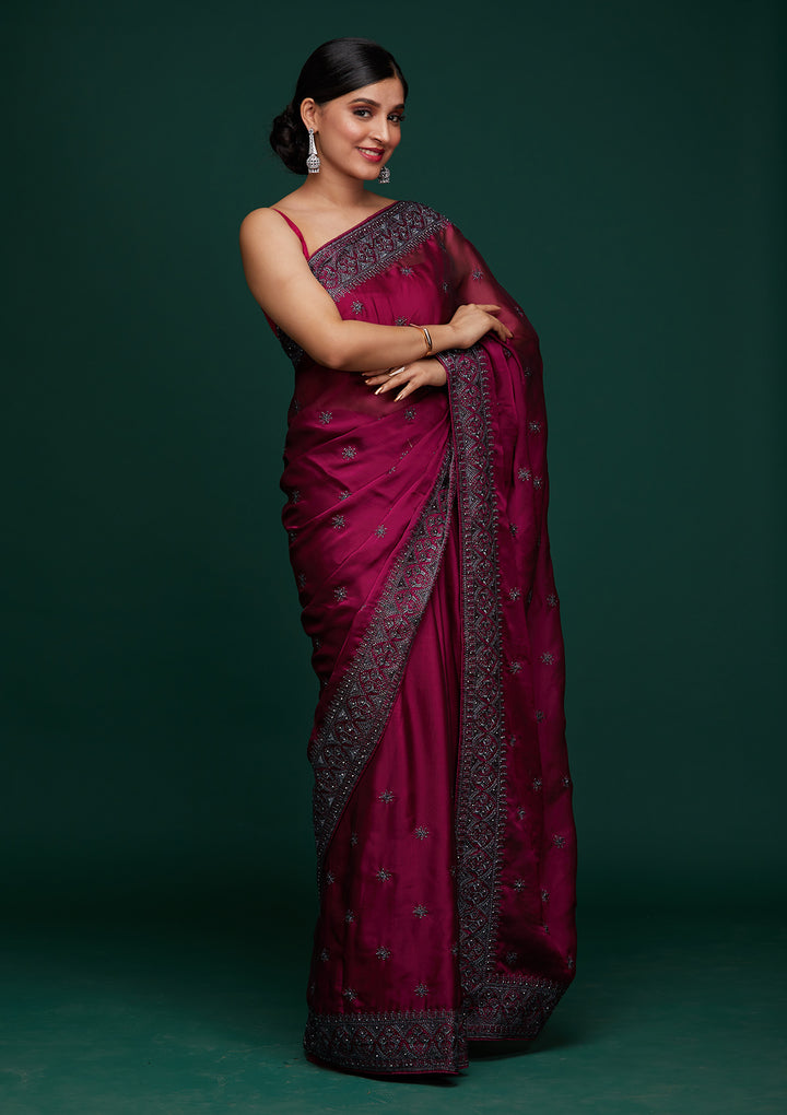 Wine Swarovski Satin Designer Saree-Koskii