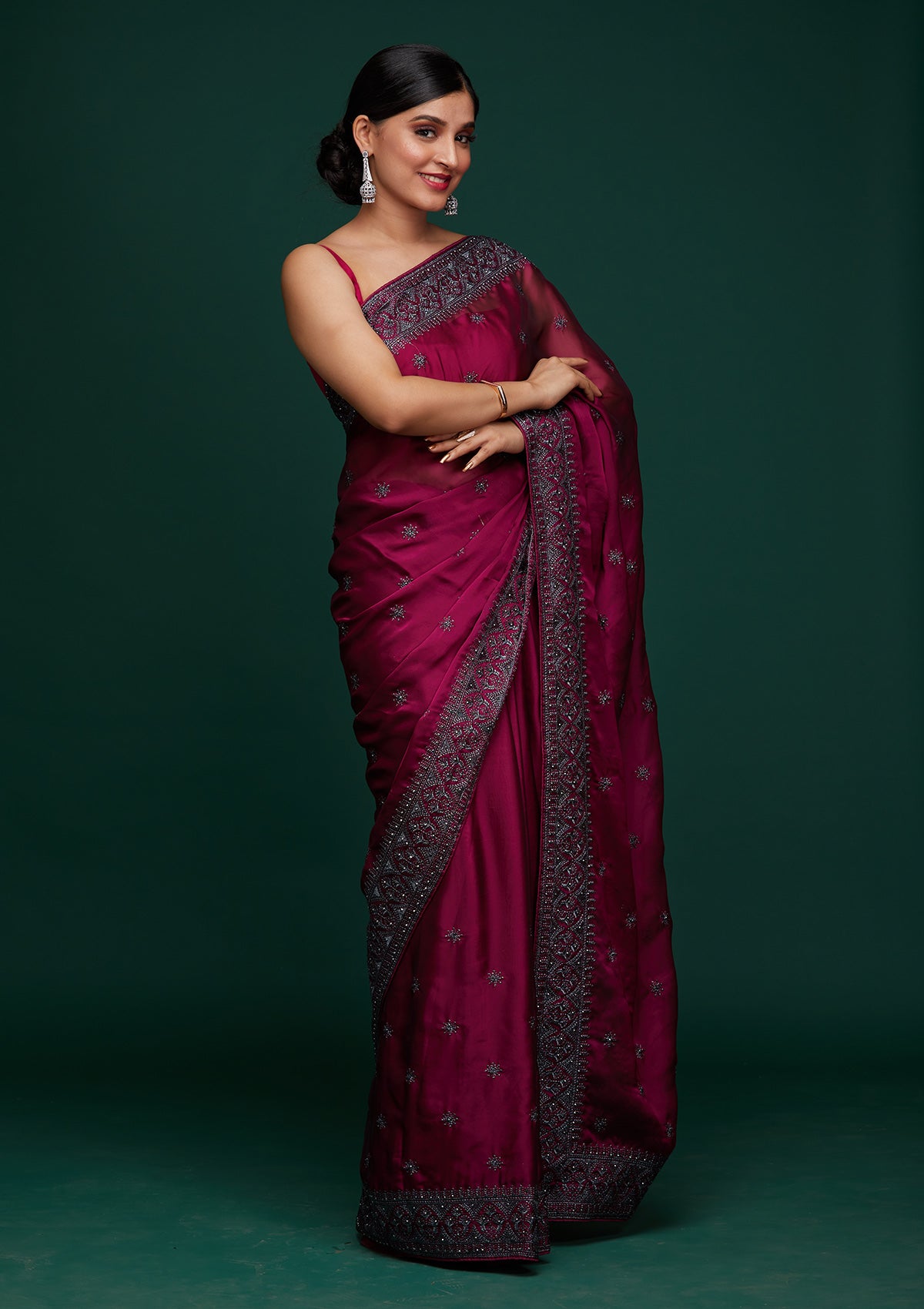 Wine Swarovski Satin Designer Saree-Koskii