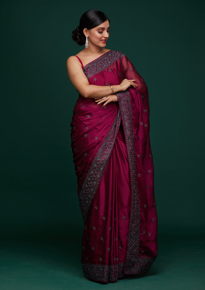 Wine Swarovski Satin Designer Saree-Koskii