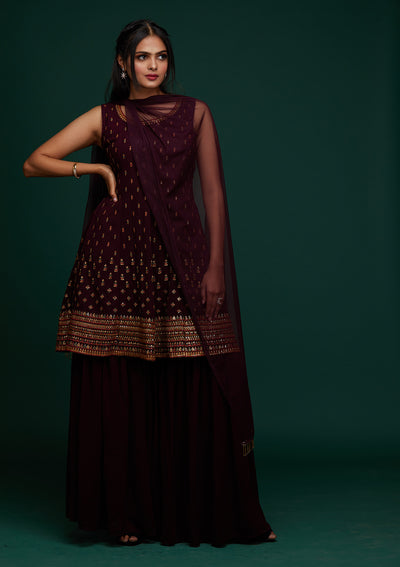 Wine Swarovski Georgette Designer Salwar Suit - Koskii