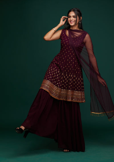 Wine Swarovski Georgette Designer Salwar Suit - Koskii