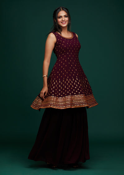 Wine Swarovski Georgette Designer Salwar Suit - Koskii