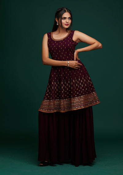 Wine Swarovski Georgette Designer Salwar Suit - Koskii