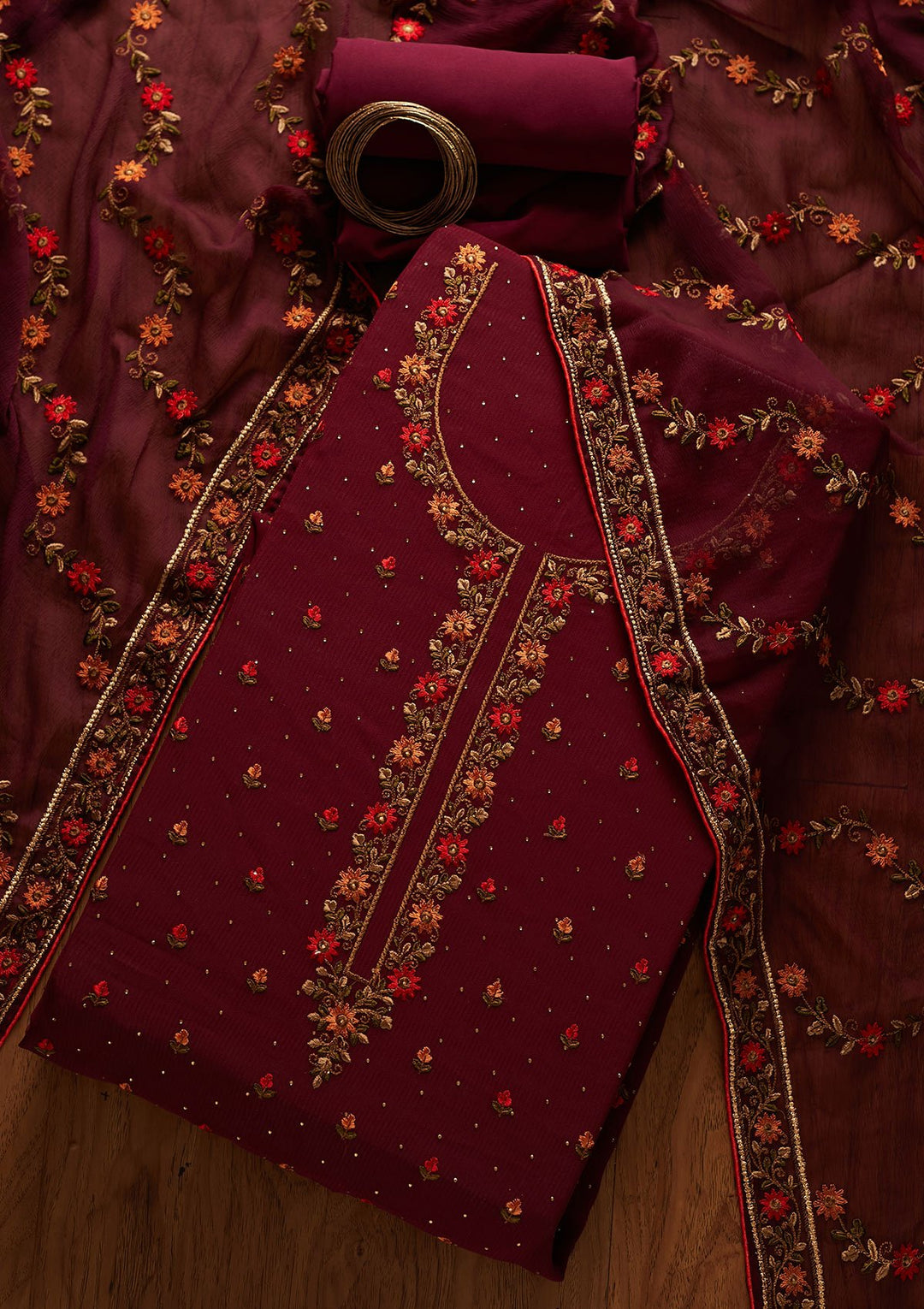 Wine Swarovski Georgette Designer Unstitched Salwar Suit - koskii