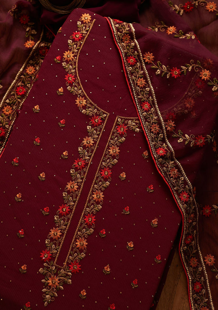 Wine Swarovski Georgette Designer Unstitched Salwar Suit - koskii