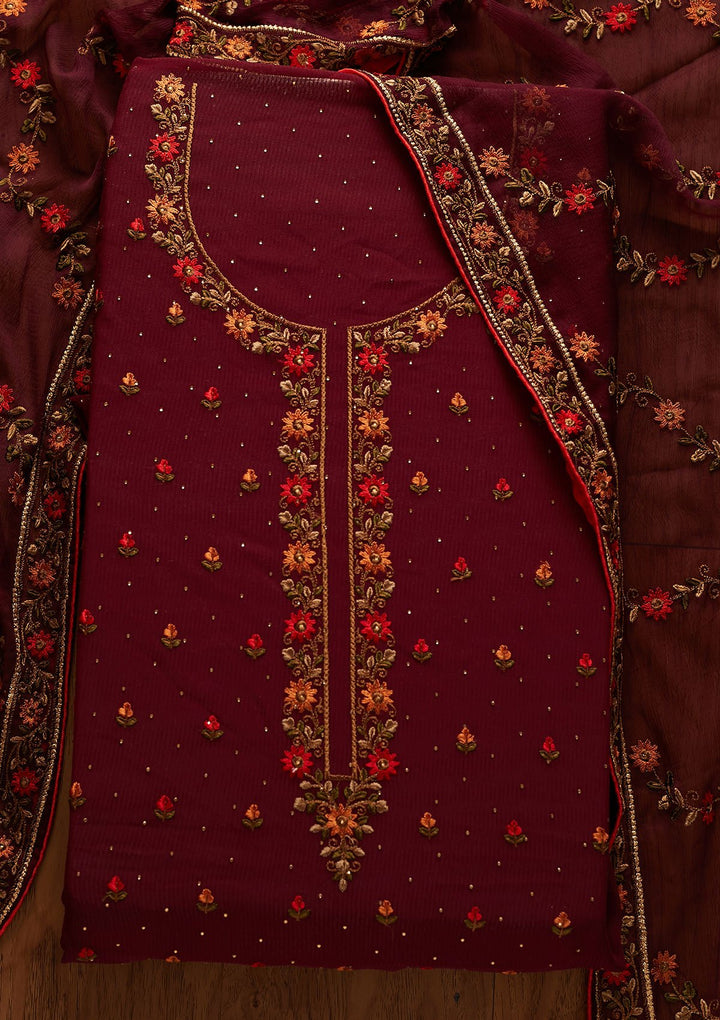 Wine Swarovski Georgette Designer Unstitched Salwar Suit - koskii