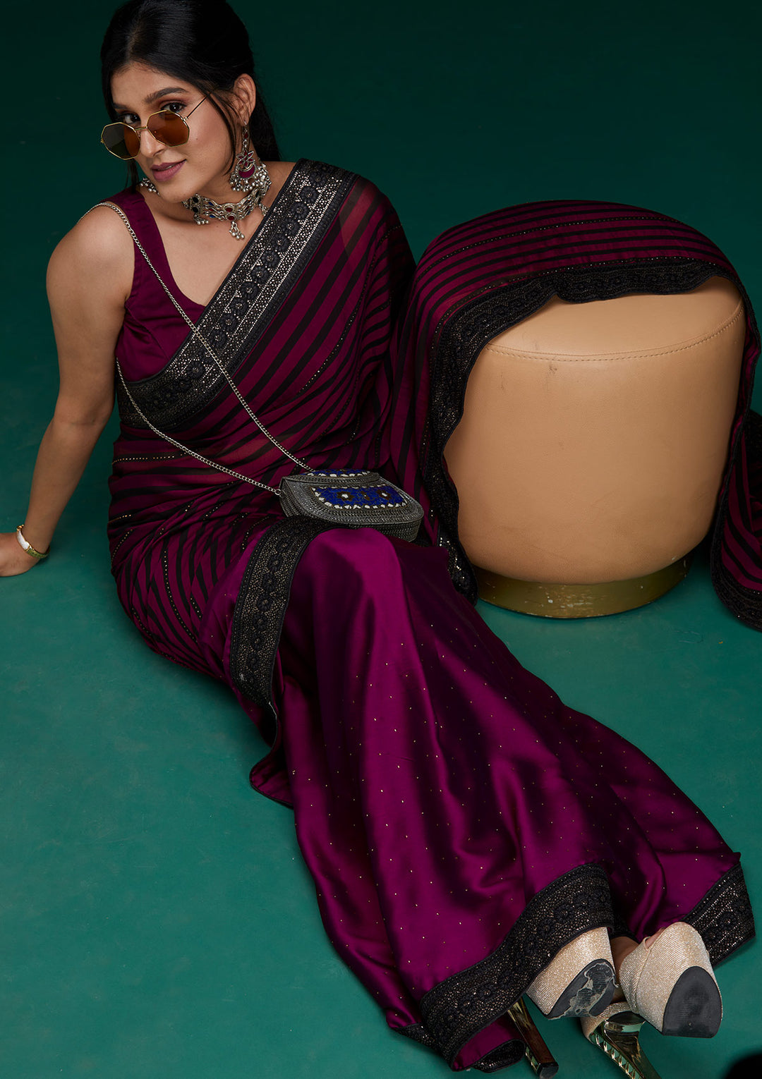 Wine Swarovski Georgette Saree- Koskii