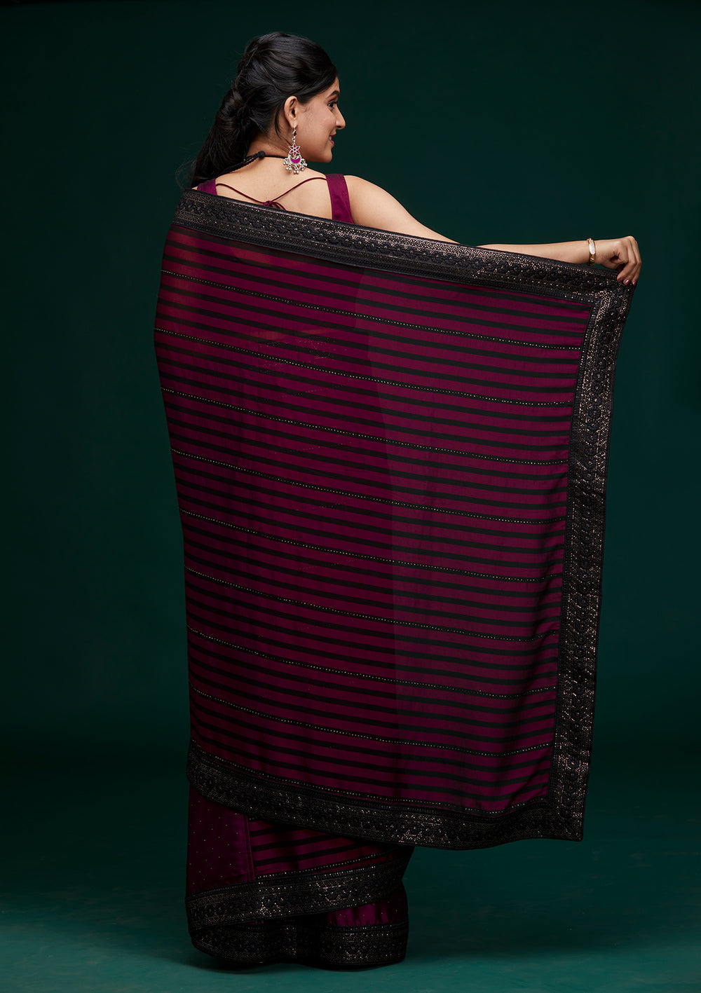 Wine Swarovski Georgette Saree - Koskii