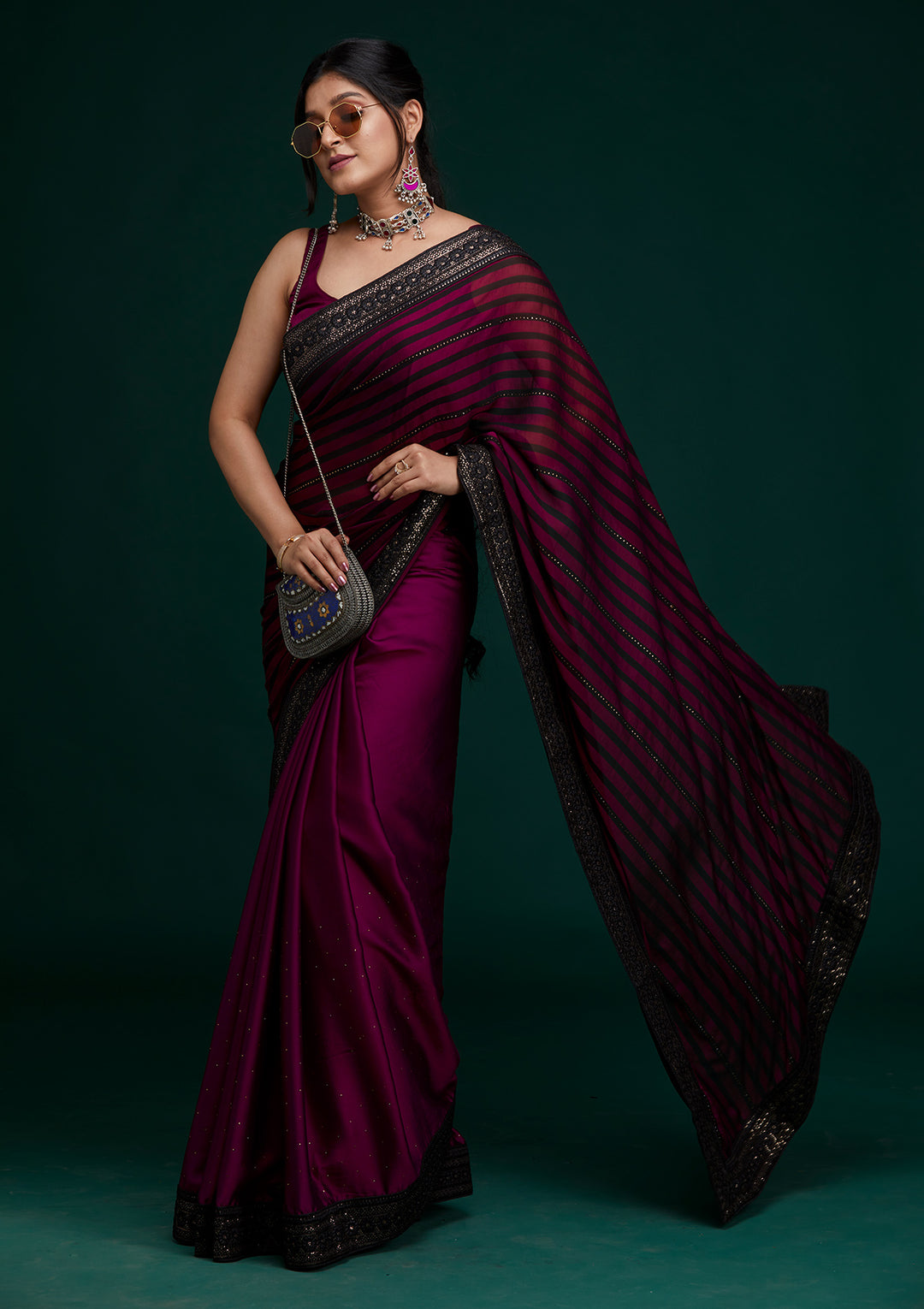 Wine Swarovski Georgette Saree - Koskii