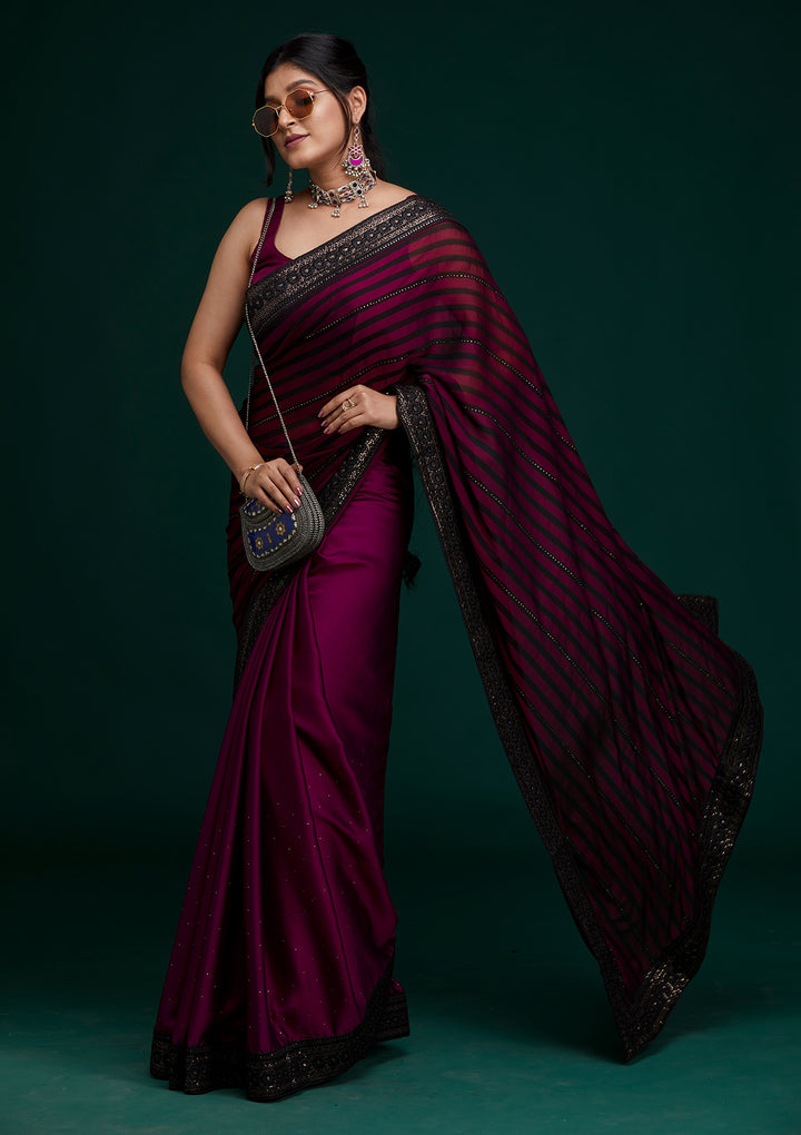 Wine Swarovski Georgette Saree - Koskii