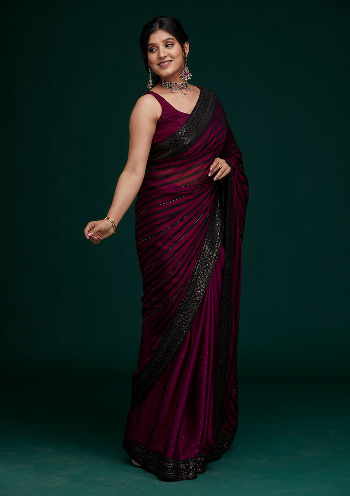 Wine Swarovski Georgette Saree - Koskii