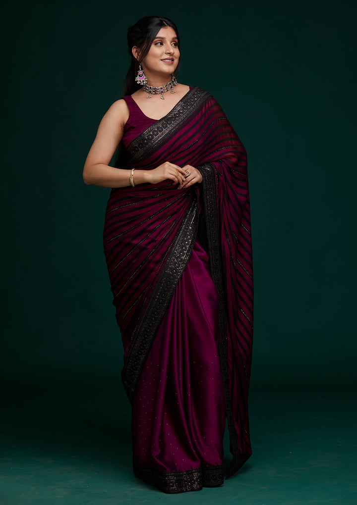Wine Swarovski Georgette Saree - Koskii