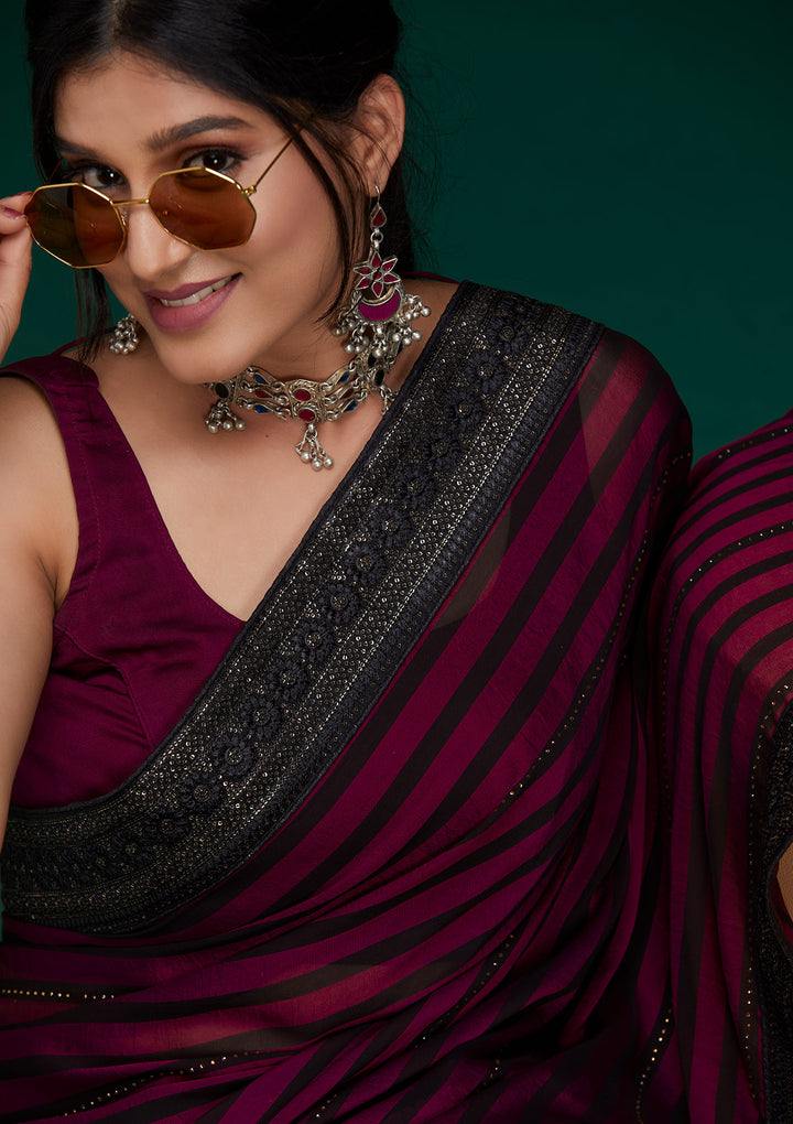 Wine Swarovski Georgette Saree - Koskii