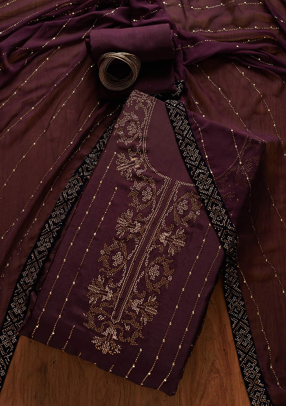 Wine Swarovski Semi Crepe Designer Unstitched Salwar Suit - koskii