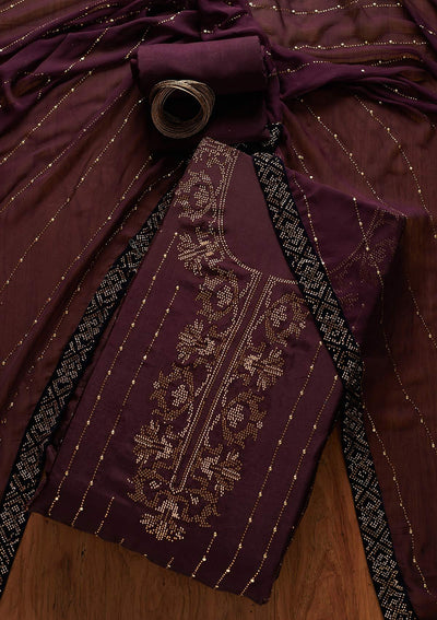 Wine Swarovski Semi Crepe Designer Unstitched Salwar Suit - koskii