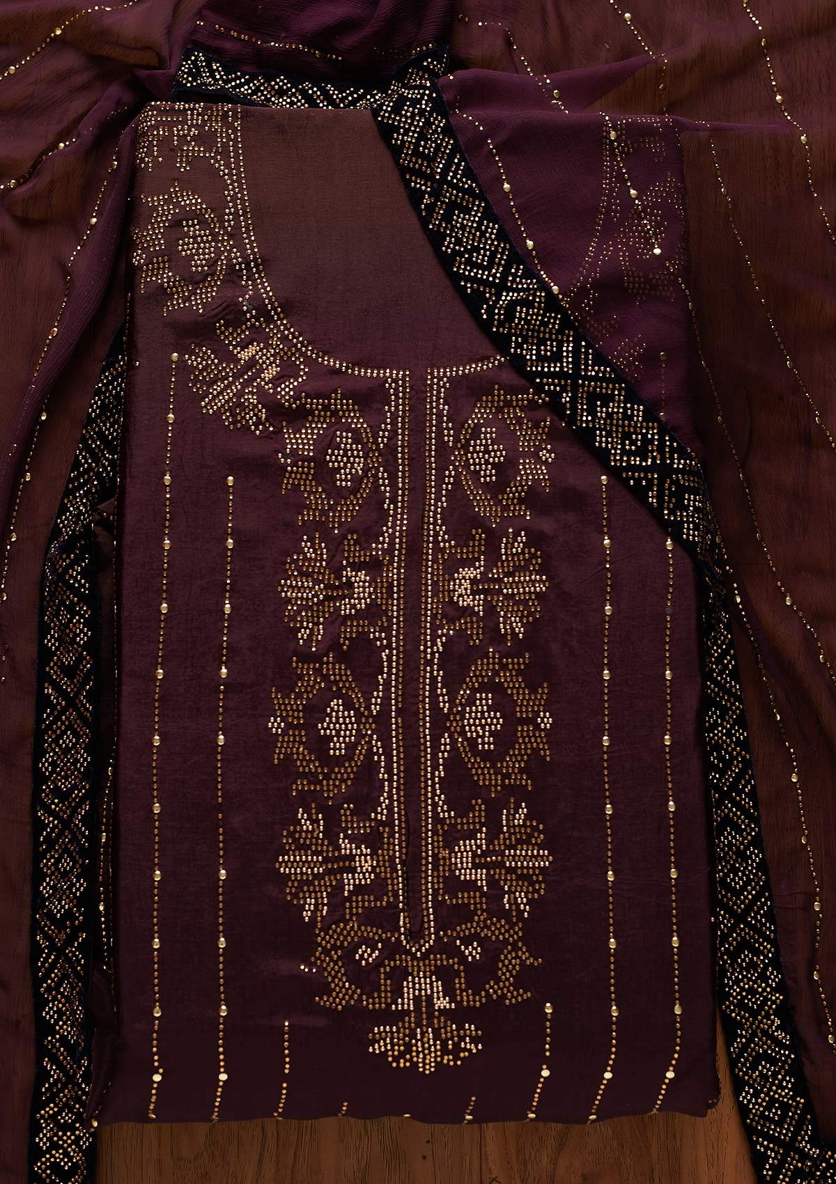 Wine Swarovski Semi Crepe Designer Unstitched Salwar Suit - koskii