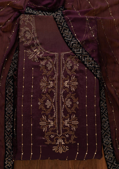 Wine Swarovski Semi Crepe Designer Unstitched Salwar Suit - koskii