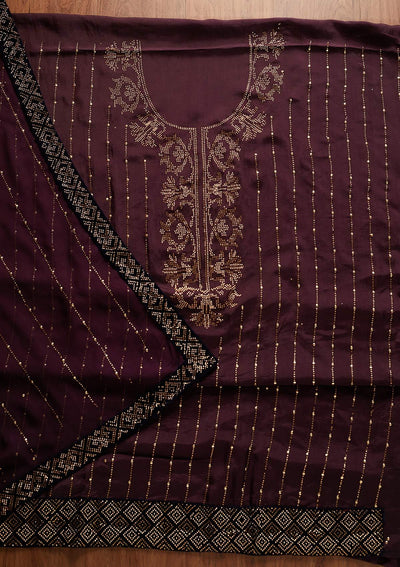Wine Swarovski Semi Crepe Designer Unstitched Salwar Suit - koskii