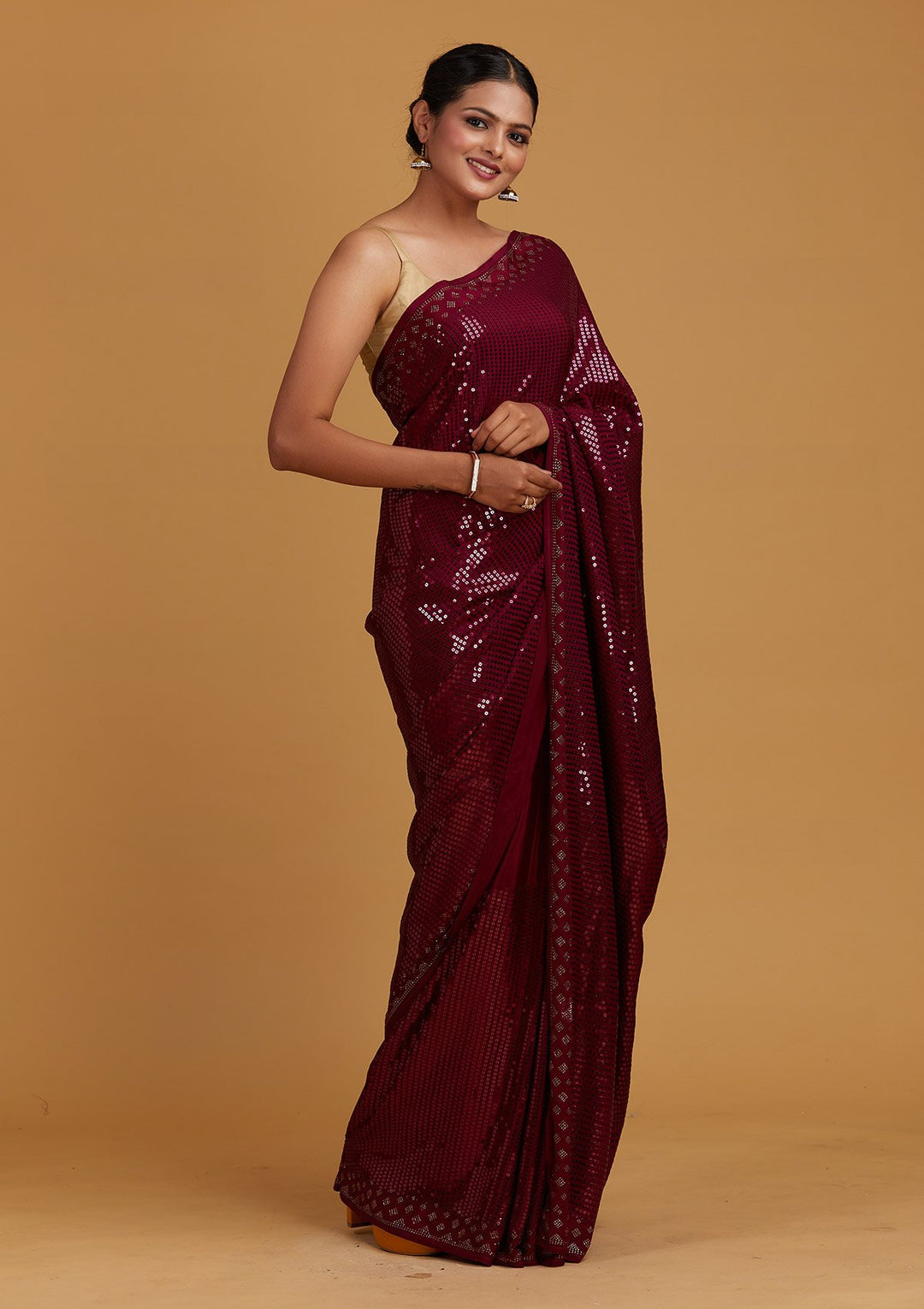 Wine Swarovski Semi Crepe Designer Saree - Koskii