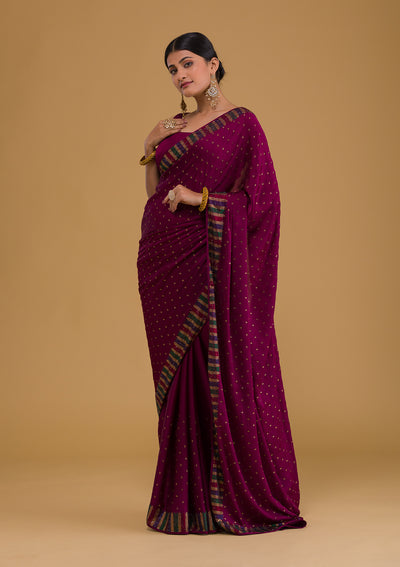 Wine Swarovski Semi Crepe Designer Saree-Koskii