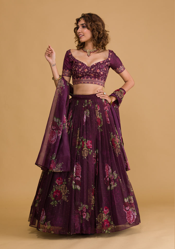 Wine Swarovski Tissue Semi Stitched Lehenga-Koskii
