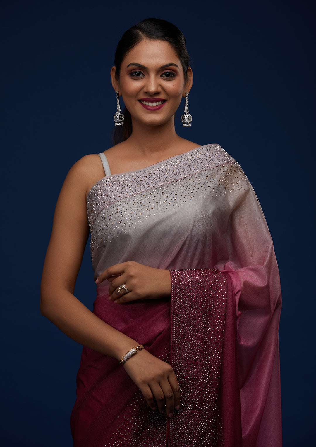 Wine Swarovski Tissue Designer Saree - Koskii