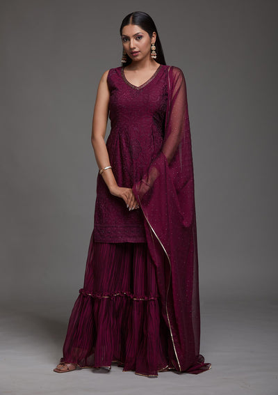 Wine Threadwork Semi Crepe Designer Salwar Suit-Koskii